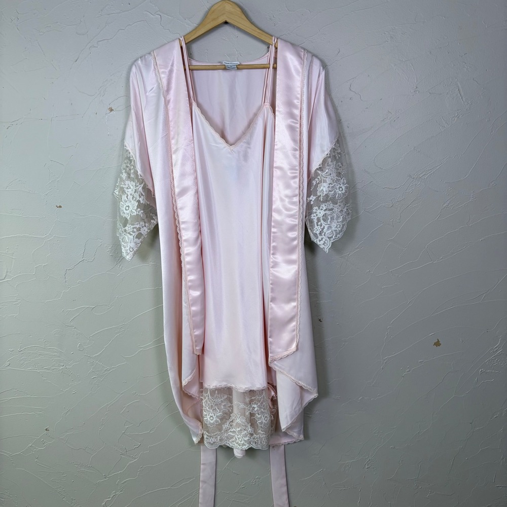 Vintage Deadstock Laura Adams Slip Dress Robe Nightgown Set M Pink Lace Satin